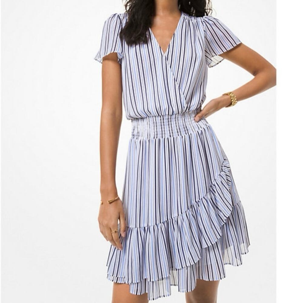 Michael Kors Striped Georgette Ruffle Hem Mini Dress Navy Blue White Size L